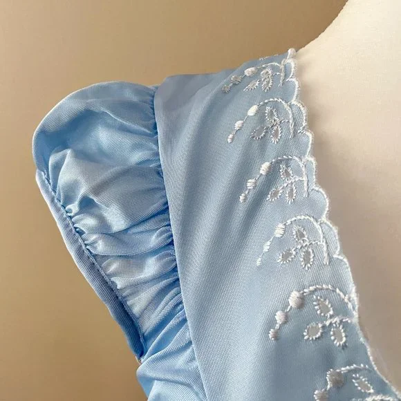 Vintage Nightgown Blue Nylon with Ruffled Cap Sleeves Medium - Picture 5 of 8